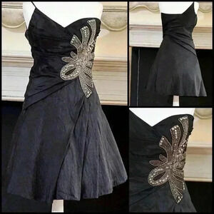New Karen Miller $380 One Shoulder Jeweled Embellished Tulle Lined Black Dress 2